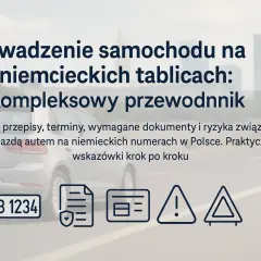 Przewodnik po przepisach, dokumentach i ryzyku związanym z tym, czy można jeździć na niemieckich blachach w Polsce. Ikony symbolizują dokumenty, ostrzeżenia i terminy.