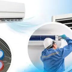 Technik naprawia klimatyzację, słychać ciche syczenie z klimatyzacji. Widać manometry i wentylator.
