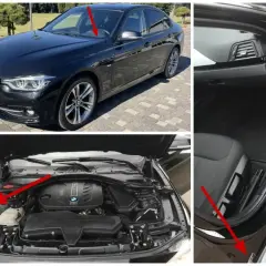 Jak sprawdzić kolor skóry BMW? Na zdjęciach widać czarne BMW, pod maską i wewnątrz. Czerwone strzałki wskazują miejsca z informacjami.