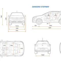 Schemat Dacia Sandero i Sandero Stepway z wymiarami. Dacia Sandero Stepway ma większy prześwit, co widać na schemacie.