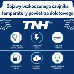 Objawy uszkodzonego czujnika temperatury powietrza dolotowego: kontrolka silnika, spadek mocy, falowanie obrotów, większe zużycie paliwa, wypadanie zapłonów, awarie wskaźnika temperatury.