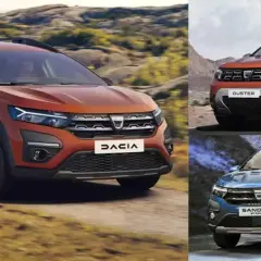 Pomarańczowy Dacia Duster na drodze, obok pomarańczowy Duster i niebieski Sandero Stepway. Dacia Duster prześwit pozwala na jazdę w trudnym terenie.