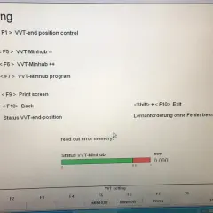 Ekran diagnostyczny BMW: VVT setting. Pokazuje opcje jak ustawic Valvetronic, kontrolę pozycji, minhub, program, wydruk ekranu, powrót i wyjście.