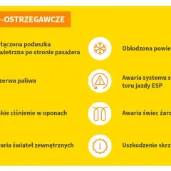Informacyjno-ostrzegawcze kontrolki w samochodzie: wyłączona poduszka, rezerwa paliwa, niskie ciśnienie w oponach, awaria świateł, oblodzona droga, awaria ESP, awaria świec żarowych, uszkodzenie skrzyni biegów.