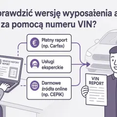 Ilustracja pokazuje, jak sprawdzić wersję wyposażenia auta po VIN, korzystając z płatnych raportów, usług eksperckich lub darmowych źródeł online.