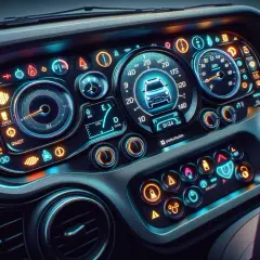 Cyfrowe zegary Dacia z podświetloną kontrolką zygzak, wskazującą na problemy z systemem stabilizacji toru jazdy.