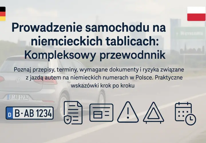 Przewodnik po przepisach, dokumentach i ryzyku związanym z tym, czy można jeździć na niemieckich blachach w Polsce. Ikony symbolizują dokumenty, ostrzeżenia i terminy.