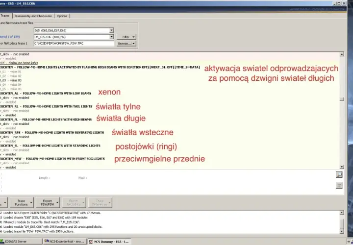 NCS Expert opis modułów: aktywacja świateł, xenon, światła tylne, długie, wsteczne, postojówki, przeciwmgielne przednie.