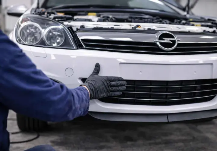 Mechanik w czarnej rękawiczce sprawdza stan zderzaka Opel Astra G.