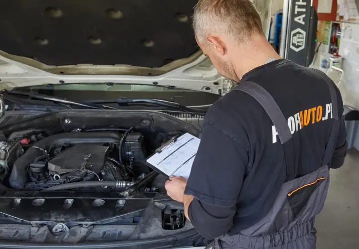 Mechanik sprawdza dokumentację przy otwartej masce samochodu. Czy wymiana oleju poza ASO a gwarancja to dobry pomysł?