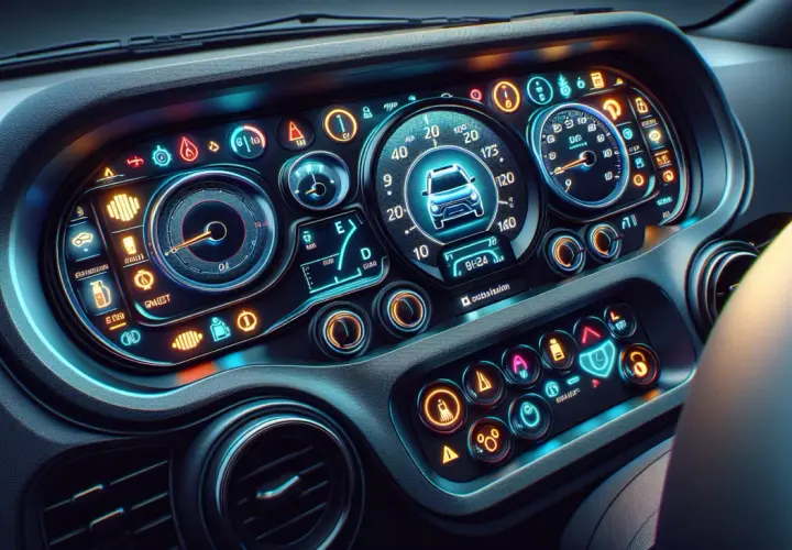 Cyfrowe zegary Dacia Sandero, gotowe do kasowania inspekcji. Wskaźniki świecą neonowym blaskiem, czekając na reset.