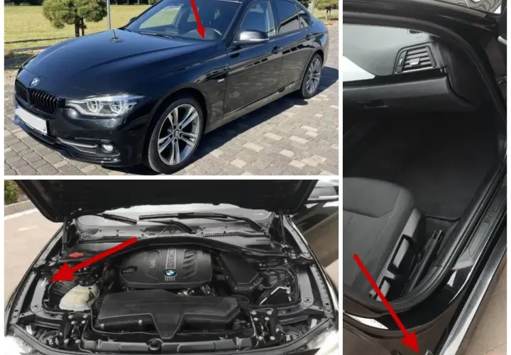 Jak sprawdzić kolor skóry BMW? Na zdjęciach widać czarne BMW, pod maską i wewnątrz. Czerwone strzałki wskazują miejsca z informacjami.