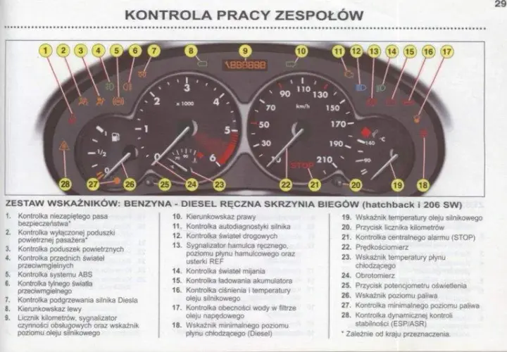 Kontrolki Peugeot 206: Interpretacja ikon na desce Peugeota 206