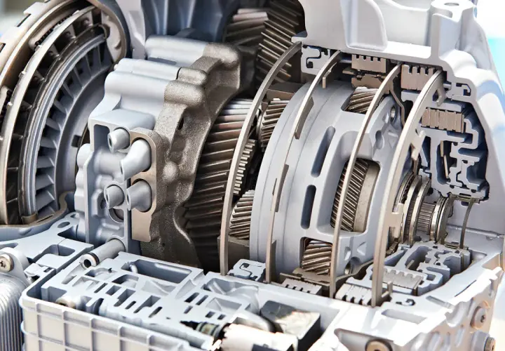Przekrój nowoczesnej skrzyni biegów, ukazujący złożone elementy mechaniczne, takie jak koła zębate i sprzęgła, kluczowe dla jej działania.