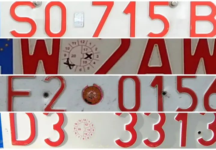 Polskie tablice rejestracyjne, w tym tymczasowe tablice rejestracyjne a OC. Widoczne numery: SO-715B, WZAW, F2-0156, D3-3313.