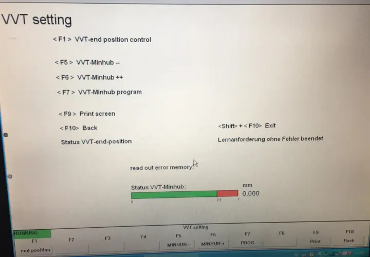 Ekran diagnostyczny BMW: VVT setting. Pokazuje opcje jak ustawic Valvetronic, kontrolę pozycji, minhub, program, wydruk ekranu, powrót i wyjście.