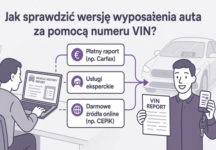 Ilustracja pokazuje, jak sprawdzić wersję wyposażenia auta po VIN, korzystając z płatnych raportów, usług eksperckich lub darmowych źródeł online.