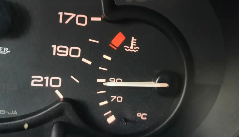 Wskaźnik temperatury silnika benzynowego pokazuje 90°C, co oznacza prawidłową temperaturę pracy.