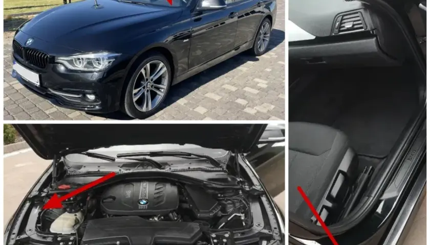Jak sprawdzić kolor skóry BMW? Na zdjęciach widać czarne BMW, pod maską i wewnątrz. Czerwone strzałki wskazują miejsca z informacjami.