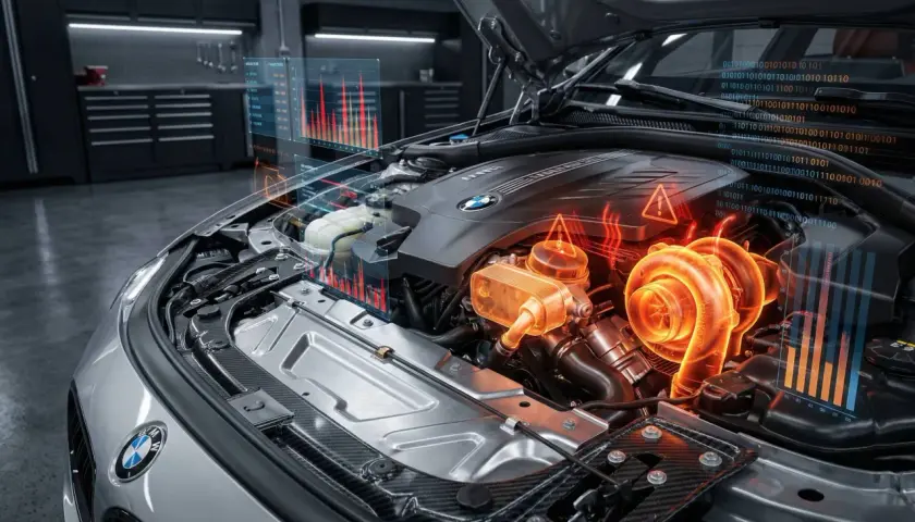 Silnik BMW z widocznymi wskaźnikami diagnostycznymi. Wyświetlane dane sugerują problemy, być może uszkodzony vanos objawy są analizowane.