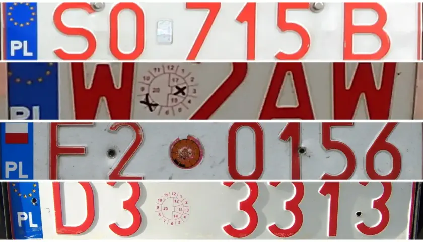 Polskie tablice rejestracyjne, w tym tymczasowe tablice rejestracyjne a OC. Widoczne numery: SO-715B, WZAW, F2-0156, D3-3313.