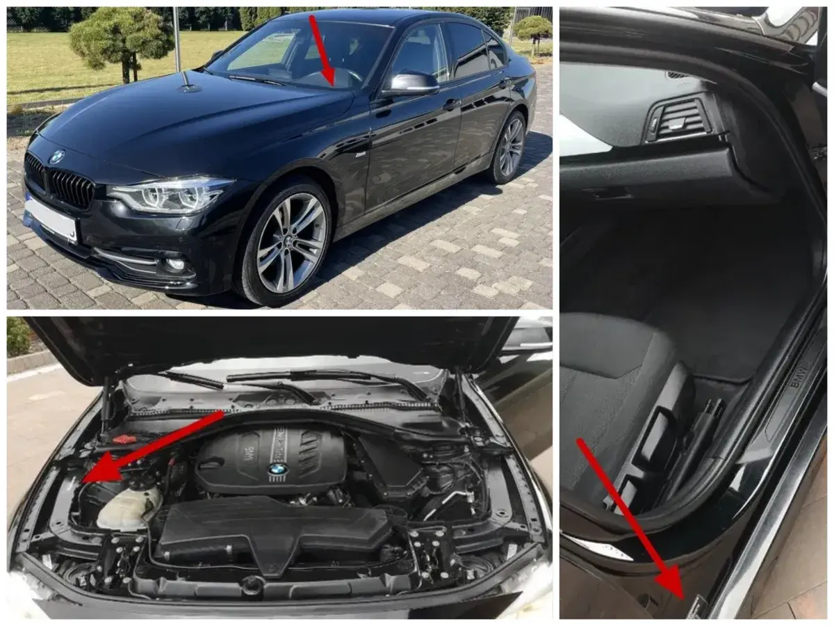 Jak sprawdzić kolor skóry BMW? Na zdjęciach widać czarne BMW, pod maską i wewnątrz. Czerwone strzałki wskazują miejsca z informacjami.