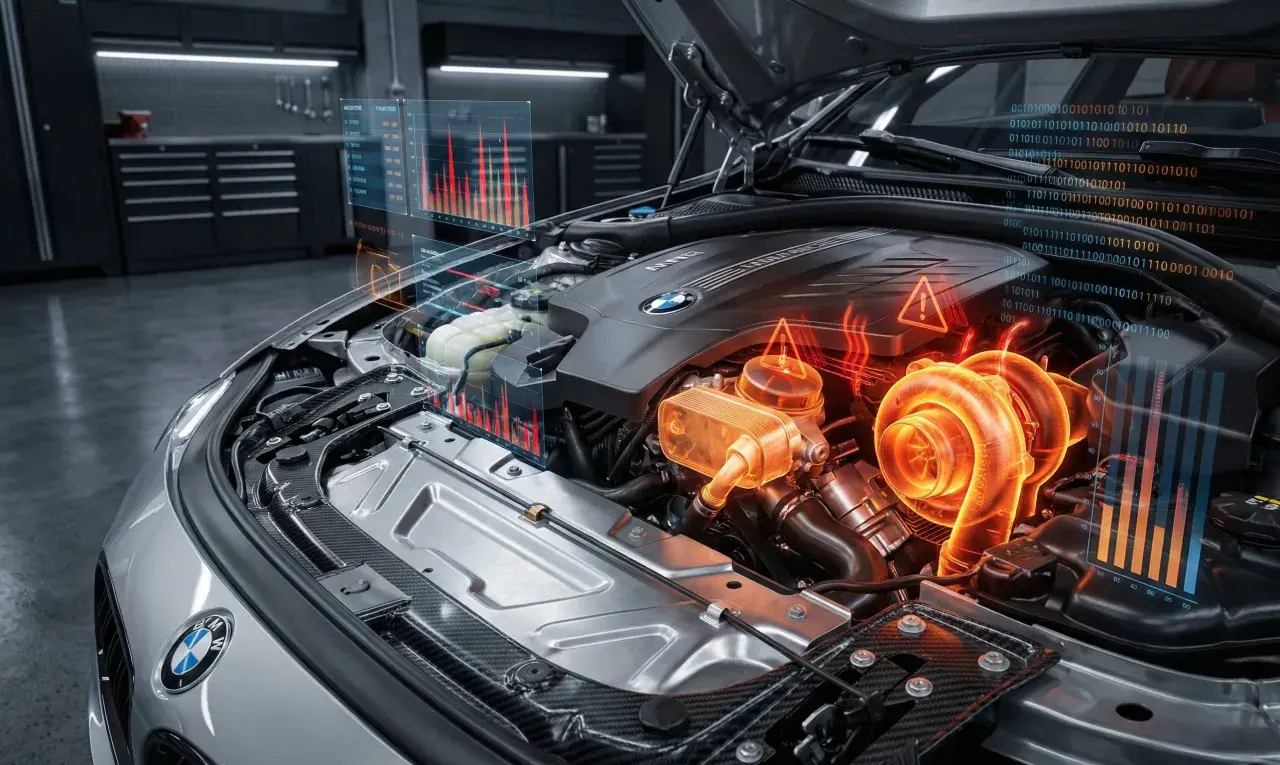 Silnik BMW z widocznymi wskaźnikami diagnostycznymi. Wyświetlane dane sugerują problemy, być może uszkodzony vanos objawy są analizowane.