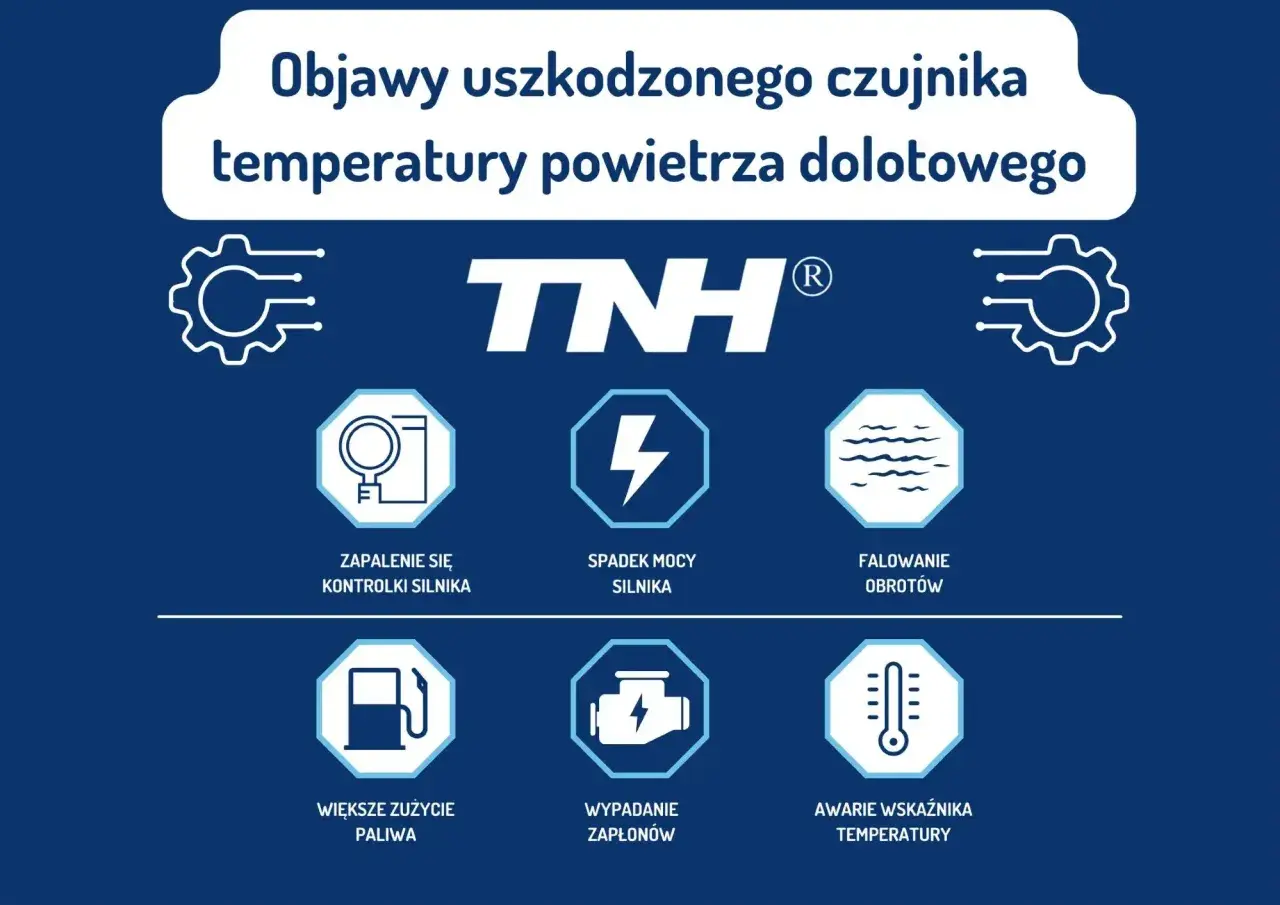 Objawy uszkodzonego czujnika temperatury powietrza dolotowego: kontrolka silnika, spadek mocy, falowanie obrotów, większe zużycie paliwa, wypadanie zapłonów, awarie wskaźnika temperatury.
