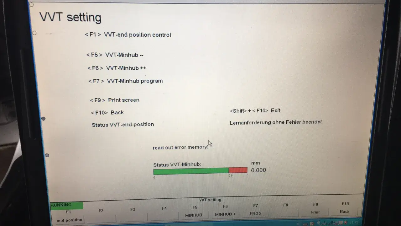 Ekran diagnostyczny BMW: VVT setting. Pokazuje opcje jak ustawic Valvetronic, kontrolę pozycji, minhub, program, wydruk ekranu, powrót i wyjście.