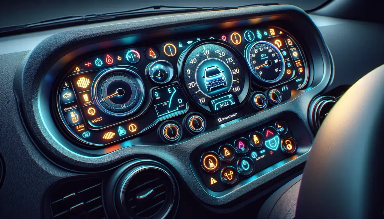 Cyfrowe zegary Dacia z podświetloną kontrolką zygzak, wskazującą na problemy z systemem stabilizacji toru jazdy.