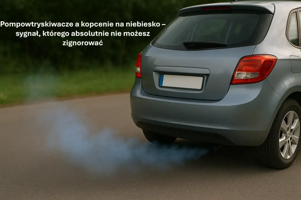 Niebieski dym przy odpalaniu zimnego diesla wydobywa się z rury wydechowej szarego samochodu.