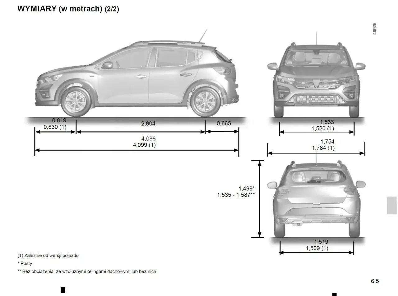 Wymiary Dacia Sandero Stepway z instrukcji obsługi po polsku: długość 4,088 m, szerokość 1,754 m, wysokość 1,499 m.