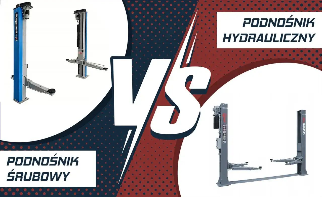 Porównanie podnośnika śrubowego i hydraulicznego. Dwa podnośniki dwukolumnowe, jeden niebieski, drugi szary, prezentują części do podnośnika dwukolumnowego.