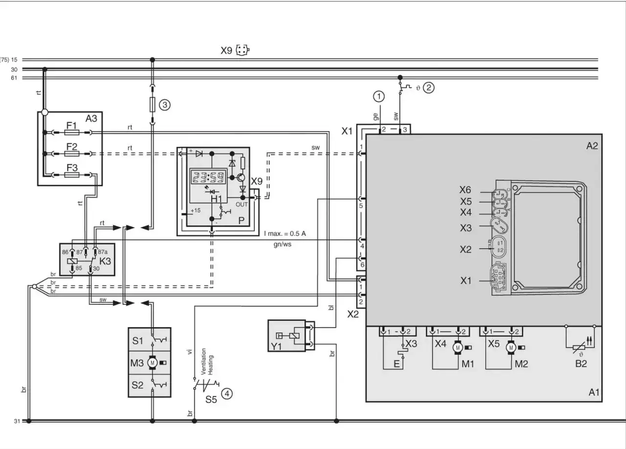 Schemat elektryczny przedstawia jak podłączyć webasto na krótko, pokazując połączenia przekaźników, bezpieczników i sterownika.