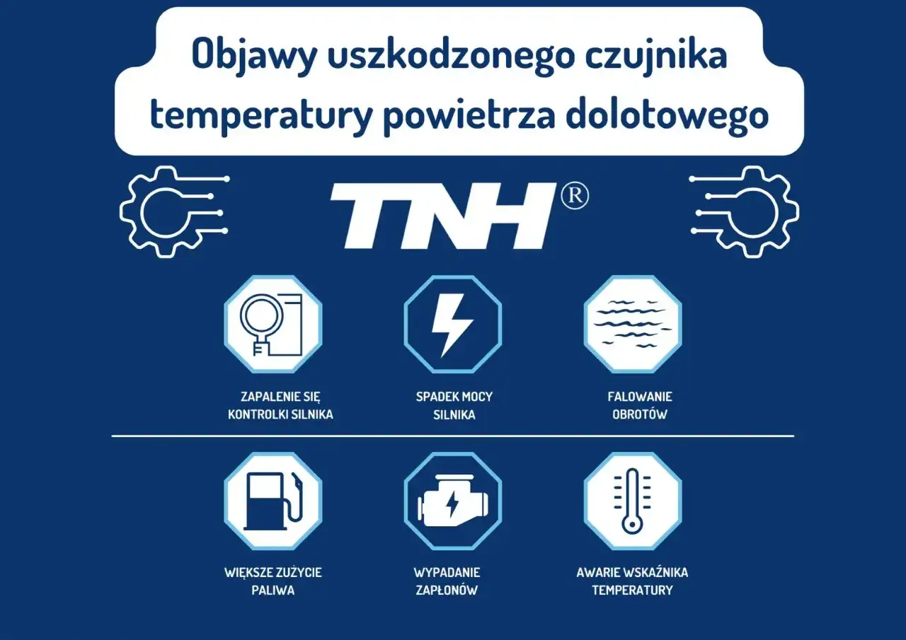 Objawy uszkodzonego czujnika temperatury powietrza dolotowego: kontrolka silnika, spadek mocy, falowanie obrotów, większe zużycie paliwa, wypadanie zapłonów, awarie wskaźnika temperatury.