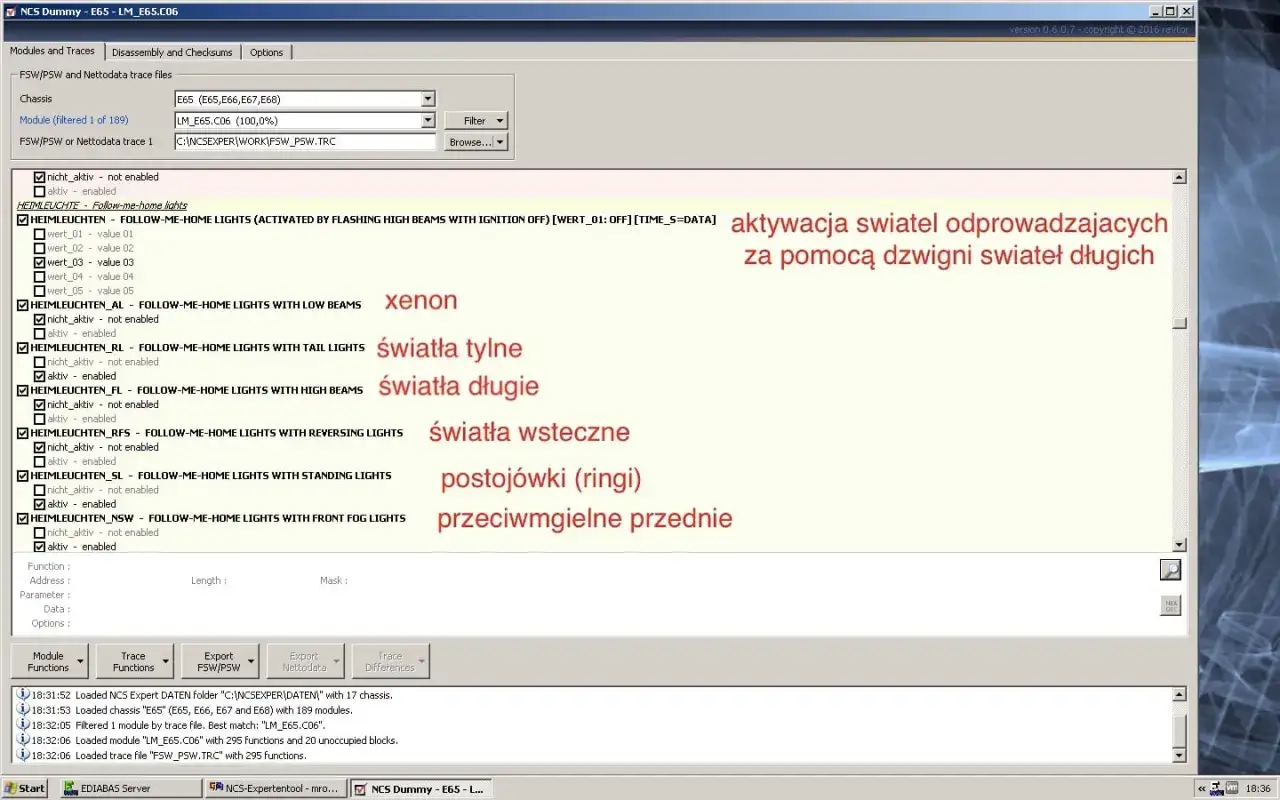 NCS Expert opis modułów: aktywacja świateł, xenon, światła tylne, długie, wsteczne, postojówki (ringi), przeciwmgielne przednie.