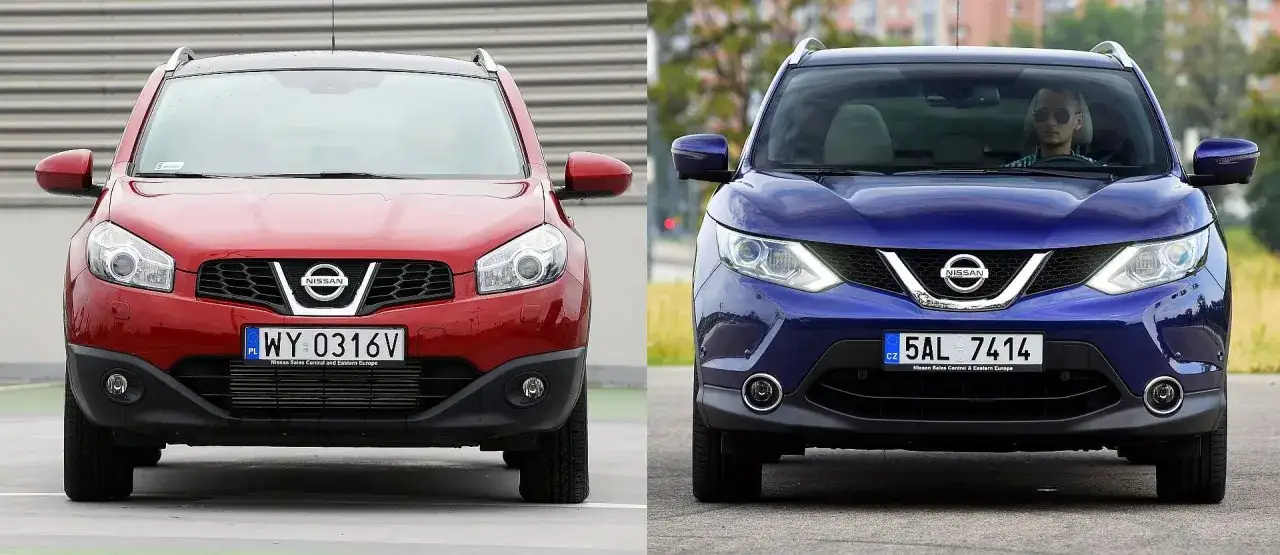 Dwa samochody Nissan Qashqai, czerwony i niebieski, pokazane od przodu. Zderzak każdego z nich jest widoczny.